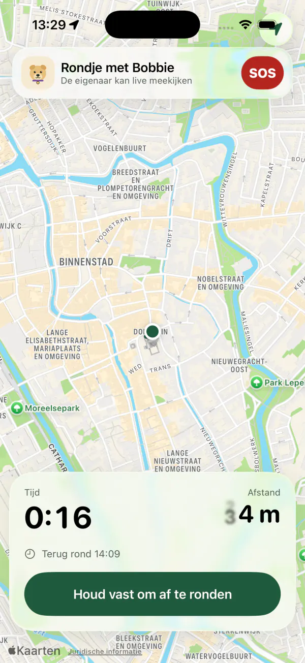 Een rondje met Bobbie in de iPhone-app: kaart, tijd, afstand en een SOS-knop